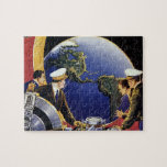 Vintage Science fiction Astronauter Orbitande jord Pussel<br><div class="desc">Vintage illustrerar futuristiskans resa och bilden av transport science fiction med piloter som flyger ett flygplan,  en raketer eller ett rymdskepp i rymden över jorden. Astronauterna färdas över Nordamerika. En klassisk 50-sekundersmodell för bok-sci-i-tecknad i framtiden.</div>