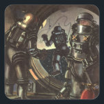 Vintage Science fiction astronauter på en rymdprom Fyrkantigt Klistermärke<br><div class="desc">Vintage illustrerar futuristiskans färd och bilden av transport science fiction. Astronauter i rymdskepp med en astronaut på ett rymdskepp och en annan flytande i rymden. En klassisk 50-sekundersmodell för retrosci om tecknad bok.</div>