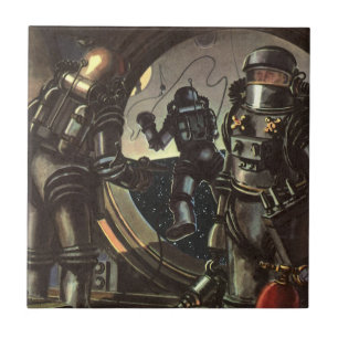 Vintage Science fiction astronauter på en rymdprom Kakelplatta