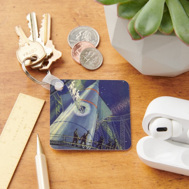 Vintage Science fiction Astronauter på Rocket Frak Nyckelring (Skrivbord)