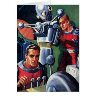 Vintage Science Fiction-astronauter reparerar en r Hälsningskort