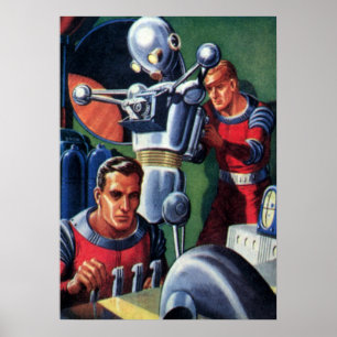 Vintage Science Fiction-astronauter reparerar en r Poster