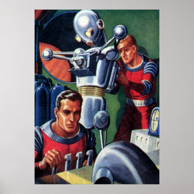 Vintage Science Fiction-astronauter reparerar en r Poster (Framsidan)