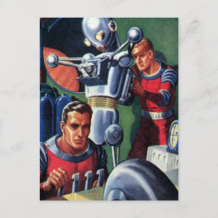 Vintage Science fiction Astronauts Fixa en Robot Vykort