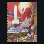 Vintage Science fiction, Borttappaden Atlantis Anteckningsbok Med Spiral<br><div class="desc">Vintage illustration av science fiction med främmande kvinnor tittar över en futuristiska stad med fontän i vatten i centrum,  utomjordingar med husdjurslister,  grekisk eller romersk arkitektur och ett stort måne i bakgrunden. Det kan vara borttappad Atlantis stad! En framtidscen för bok i tecknad från 50-talet!</div>