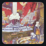 Vintage Science fiction, Borttappaden Atlantis Fyrkantigt Klistermärke<br><div class="desc">Vintage illustration av science fiction med främmande kvinnor tittar över en futuristiska stad med fontän i vatten i centrum,  utomjordingar med husdjurslister,  grekisk eller romersk arkitektur och ett stort måne i bakgrunden. Det kan vara borttappad Atlantis stad! En framtidscen för bok i tecknad från 50-talet!</div>