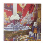 Vintage Science fiction, Borttappaden Atlantis Kakelplatta<br><div class="desc">Vintage illustration av science fiction med främmande kvinnor tittar över en futuristiska stad med fontän i vatten i centrum,  utomjordingar med husdjurslister,  grekisk eller romersk arkitektur och ett stort måne i bakgrunden. Det kan vara borttappad Atlantis stad! En framtidscen för bok i tecknad från 50-talet!</div>
