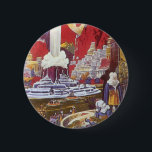 Vintage Science fiction, Borttappaden Atlantis Knapp<br><div class="desc">Vintage illustration av science fiction med främmande kvinnor tittar över en futuristiska stad med fontän i vatten i centrum,  utomjordingar med husdjurslister,  grekisk eller romersk arkitektur och ett stort måne i bakgrunden. Det kan vara borttappad Atlantis stad! En framtidscen för bok i tecknad från 50-talet!</div>