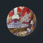 Vintage Science fiction, Borttappaden Atlantis Knapp<br><div class="desc">Vintage illustration av science fiction med främmande kvinnor tittar över en futuristiska stad med fontän i vatten i centrum,  utomjordingar med husdjurslister,  grekisk eller romersk arkitektur och ett stort måne i bakgrunden. Det kan vara borttappad Atlantis stad! En framtidscen för bok i tecknad från 50-talet!</div>