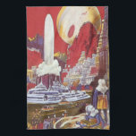 Vintage Science fiction, Borttappaden Atlantis Kökshandduk<br><div class="desc">Vintage illustration av science fiction med främmande kvinnor tittar över en futuristiska stad med fontän i vatten i centrum,  utomjordingar med husdjurslister,  grekisk eller romersk arkitektur och ett stort måne i bakgrunden. Det kan vara borttappad Atlantis stad! En framtidscen för bok i tecknad från 50-talet!</div>