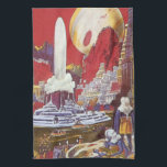 Vintage Science fiction, Borttappaden Atlantis Kökshandduk<br><div class="desc">Vintage illustration av science fiction med främmande kvinnor tittar över en futuristiska stad med fontän i vatten i centrum,  utomjordingar med husdjurslister,  grekisk eller romersk arkitektur och ett stort måne i bakgrunden. Det kan vara borttappad Atlantis stad! En framtidscen för bok i tecknad från 50-talet!</div>