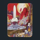 Vintage Science fiction, Borttappaden Atlantis Magnet<br><div class="desc">Vintage illustration av science fiction med främmande kvinnor tittar över en futuristiska stad med fontän i vatten i centrum,  utomjordingar med husdjurslister,  grekisk eller romersk arkitektur och ett stort måne i bakgrunden. Det kan vara borttappad Atlantis stad! En framtidscen för bok i tecknad från 50-talet!</div>