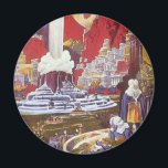 Vintage Science fiction, Borttappaden Atlantis Magnet<br><div class="desc">Vintage illustration av science fiction med främmande kvinnor tittar över en futuristiska stad med fontän i vatten i centrum,  utomjordingar med husdjurslister,  grekisk eller romersk arkitektur och ett stort måne i bakgrunden. Det kan vara borttappad Atlantis stad! En framtidscen för bok i tecknad från 50-talet!</div>