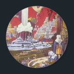 Vintage Science fiction, Borttappaden Atlantis Magnet<br><div class="desc">Vintage illustration av science fiction med främmande kvinnor tittar över en futuristiska stad med fontän i vatten i centrum,  utomjordingar med husdjurslister,  grekisk eller romersk arkitektur och ett stort måne i bakgrunden. Det kan vara borttappad Atlantis stad! En framtidscen för bok i tecknad från 50-talet!</div>