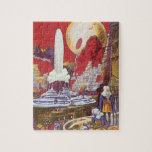 Vintage Science fiction, Borttappaden Atlantis Pussel<br><div class="desc">Vintage illustration av science fiction med främmande kvinnor tittar över en futuristiska stad med fontän i vatten i centrum,  utomjordingar med husdjurslister,  grekisk eller romersk arkitektur och ett stort måne i bakgrunden. Det kan vara borttappad Atlantis stad! En framtidscen för bok i tecknad från 50-talet!</div>