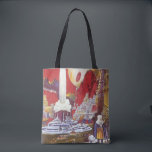 Vintage Science fiction, Borttappaden Atlantis Tygkasse<br><div class="desc">Vintage illustration av science fiction med främmande kvinnor tittar över en futuristiska stad med fontän i vatten i centrum,  utomjordingar med husdjurslister,  grekisk eller romersk arkitektur och ett stort måne i bakgrunden. Det kan vara borttappad Atlantis stad! En framtidscen för bok i tecknad från 50-talet!</div>