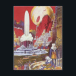 Vintage Science fiction, Borttappaden Atlantis Vykort<br><div class="desc">Vintage illustration av science fiction med främmande kvinnor tittar över en futuristiska stad med fontän i vatten i centrum,  utomjordingar med husdjurslister,  grekisk eller romersk arkitektur och ett stort måne i bakgrunden. Det kan vara borttappad Atlantis stad! En framtidscen för bok i tecknad från 50-talet!</div>