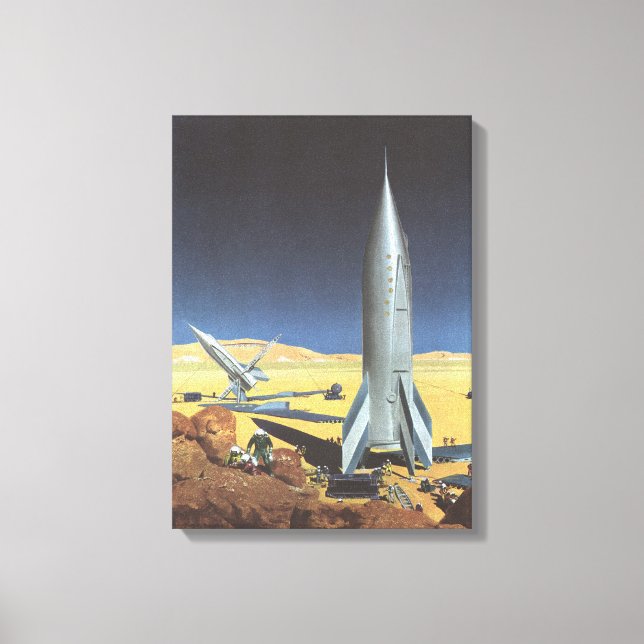 Vintage Science fiction Desert Planet med raketer Canvastryck (Framsida)