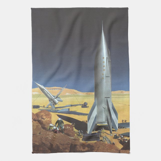 Vintage Science fiction Desert Planet med raketer Kökshandduk (Vertikal)