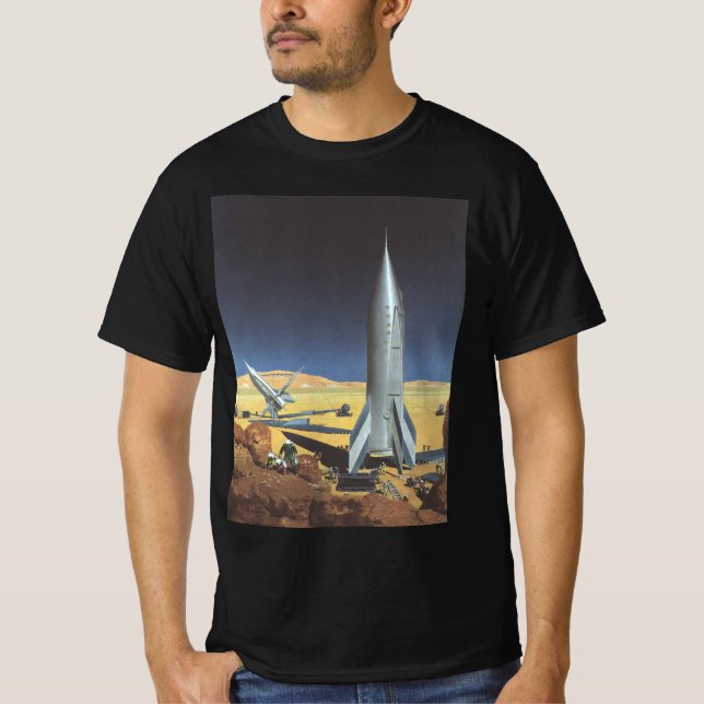 Vintage Science fiction Desert Planet med raketer Tee (Framsida)