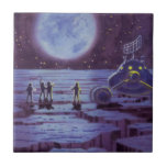Vintage Science fiction Earth Rover-Utomjordingar  Kakelplatta<br><div class="desc">utomjordingar för futuristiska av vintage och robotar i science fiction med en klassisk 50-sekundersdesign för tecknad i bok. Retro sci fi-design med främmande astronauter på en främmande planet med rymden fordon, lunar eller måne och tittar upp på jorden och rymden och väver. En mörk himlar med ljusa stjärnor och planeter....</div>