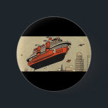 Vintage Science fiction Frakt Helikopter Knapp<br><div class="desc">Vintage illustration Viktoriansk futuristiska-steampunk-rörelse och transport science fiction-bild. Ett ångpunkskepp som liknar frakten på Titanic-kryssningen och som flyger som en helikopter över byggnad i stadskärnan. En framtidskonstruktion för den klassiska tecknaden bok.</div>