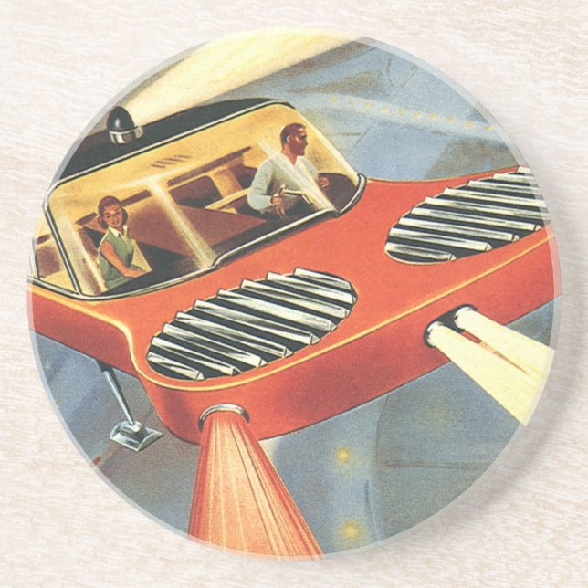Vintage Science Fiction Futuristisk Flygande Bil Underlägg (Framsidan)