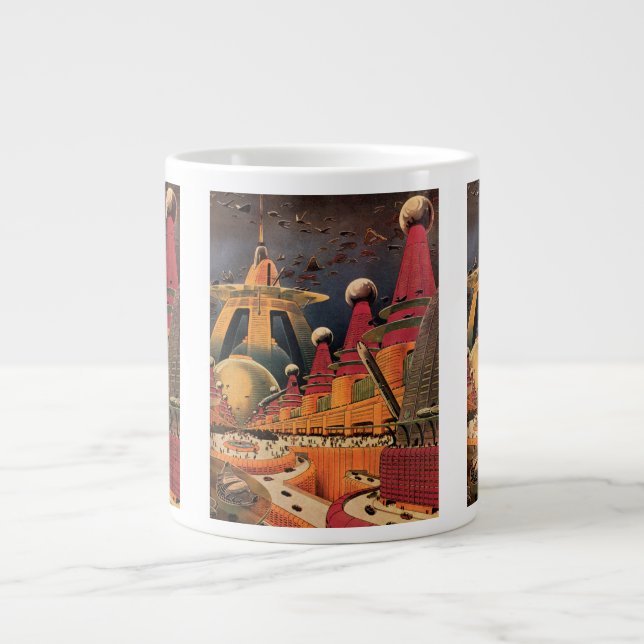 Vintage Science Fiction Futuristisk Stad Flygande  Jumbo Mugg (Framsidan)