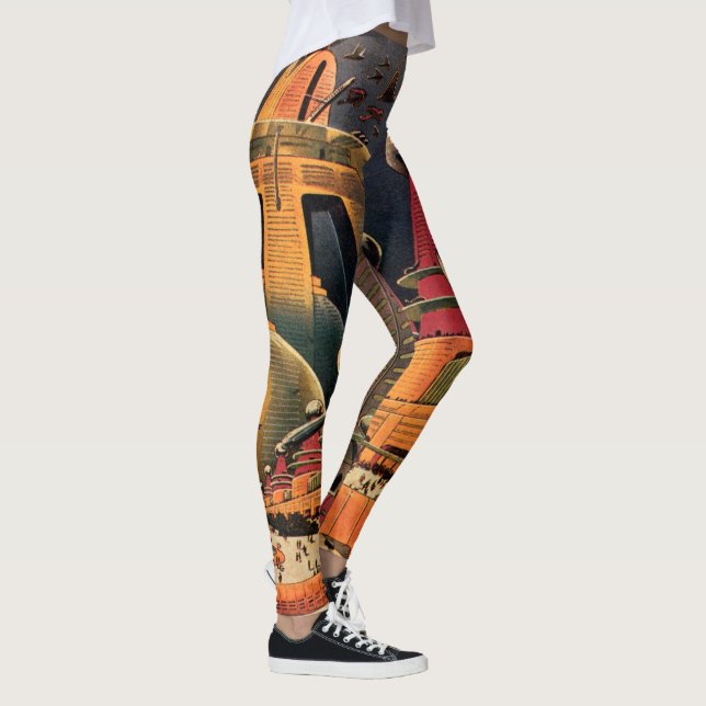 Vintage Science Fiction Futuristisk Stad Flygande  Leggings (Höger)