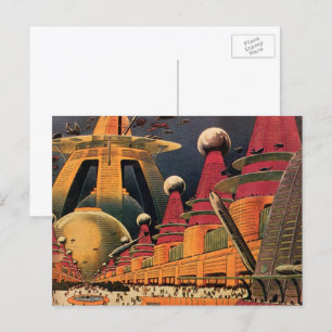 Vintage Science Fiction Futuristisk Stad Flygande Vykort
