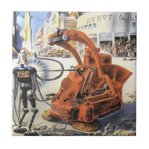 Vintage Science fiction Futuristiska City Alien Kr Kakelplatta