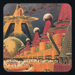 Vintage Science fiction Futuristiska City Flygbil Fyrkantigt Klistermärke<br><div class="desc">Vintagens illustrationsfärd och bilden av science fiction i transport med en klassisk tecknad av bok retroSCI om stadsplanering med framtidens stad. Arkitekturen byggnad är utformad som koner och fordon flyger i himlar som fåglar medan folkmassor är flytta genom storstadsområdena.</div>
