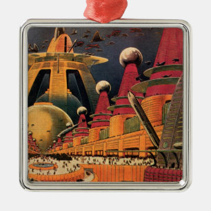 Vintage Science fiction Futuristiska City Flygbil Julgransprydnad Metall