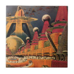Vintage Science fiction Futuristiska City Flygbil Kakelplatta<br><div class="desc">Vintagens illustrationsfärd och bilden av science fiction i transport med en klassisk tecknad av bok retroSCI om stadsplanering med framtidens stad. Arkitekturen byggnad är utformad som koner och fordon flyger i himlar som fåglar medan folkmassor är flytta genom storstadsområdena.</div>
