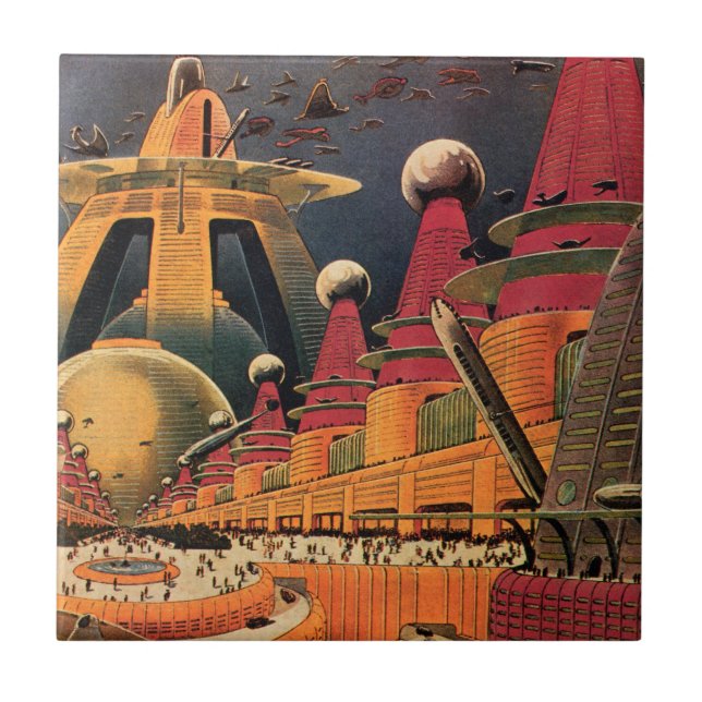 Vintage Science fiction Futuristiska City Flygbil Kakelplatta (Framsidan)