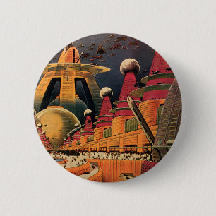 Vintage Science fiction Futuristiska City Flygbil Knapp