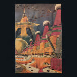 Vintage Science fiction Futuristiska City Flygbil Kökshandduk<br><div class="desc">Vintagens illustrationsfärd och bilden av science fiction i transport med en klassisk tecknad av bok retroSCI om stadsplanering med framtidens stad. Arkitekturen byggnad är utformad som koner och fordon flyger i himlar som fåglar medan folkmassor är flytta genom storstadsområdena.</div>