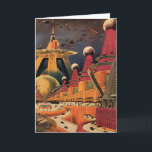 Vintage Science fiction Futuristiska City Flygbil Kort<br><div class="desc">Vintagens illustrationsfärd och bilden av science fiction i transport med en klassisk tecknad av bok retroSCI om stadsplanering med framtidens stad. Arkitekturen byggnad är utformad som koner och fordon flyger i himlar som fåglar medan folkmassor är flytta genom storstadsområdena.</div>