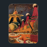 Vintage Science fiction Futuristiska City Flygbil Magnet<br><div class="desc">Vintagens illustrationsfärd och bilden av science fiction i transport med en klassisk tecknad av bok retroSCI om stadsplanering med framtidens stad. Arkitekturen byggnad är utformad som koner och fordon flyger i himlar som fåglar medan folkmassor är flytta genom storstadsområdena.</div>