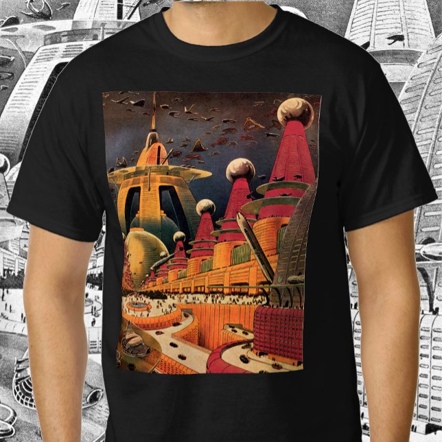 Vintage Science fiction Futuristiska City Flygbil Tee Shirt (Skapare uppladdad)