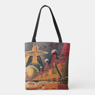 Vintage Science fiction Futuristiska City Flygbil Tygkasse