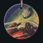Vintage Science fiction, Futuristiska City på Måne Julgransprydnad Keramik<br><div class="desc">Bilden av vintagens illustration och transport science fiction med en klassisk tecknad-reflexbild av rymden och planetbild av astronauter eller utomjordingar som färdas i ett rymdskepp som flyger över en futuristiska metropolis på bok.</div>