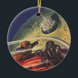 Vintage Science fiction, Futuristiska City på Måne Julgransprydnad Keramik<br><div class="desc">Bilden av vintagens illustration och transport science fiction med en klassisk tecknad-reflexbild av rymden och planetbild av astronauter eller utomjordingar som färdas i ett rymdskepp som flyger över en futuristiska metropolis på bok.</div>