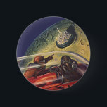 Vintage Science fiction, Futuristiska City på Måne Knapp<br><div class="desc">Bilden av vintagens illustration och transport science fiction med en klassisk tecknad-reflexbild av rymden och planetbild av astronauter eller utomjordingar som färdas i ett rymdskepp som flyger över en futuristiska metropolis på bok.</div>