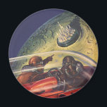 Vintage Science fiction, Futuristiska City på Måne Magnet<br><div class="desc">Bilden av vintagens illustration och transport science fiction med en klassisk tecknad-reflexbild av rymden och planetbild av astronauter eller utomjordingar som färdas i ett rymdskepp som flyger över en futuristiska metropolis på bok.</div>