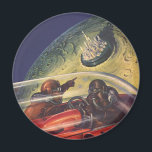 Vintage Science fiction, Futuristiska City på Måne Magnet<br><div class="desc">Bilden av vintagens illustration och transport science fiction med en klassisk tecknad-reflexbild av rymden och planetbild av astronauter eller utomjordingar som färdas i ett rymdskepp som flyger över en futuristiska metropolis på bok.</div>