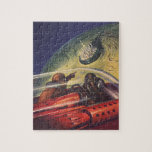 Vintage Science fiction, Futuristiska City på Måne Pussel<br><div class="desc">Bilden av vintagens illustration och transport science fiction med en klassisk tecknad-reflexbild av rymden och planetbild av astronauter eller utomjordingar som färdas i ett rymdskepp som flyger över en futuristiska metropolis på bok.</div>