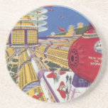 Vintage Science fiction, Futuristiska New York Cit Underlägg Sandsten<br><div class="desc">Vintage illustration av resor och transport science fiction-bild med ett flygplan från New York City i Förenta staterna till Sydney i Australien som flyger från en flygplats i futuristiska. En framtida reflexfi om bok i klassisk tecknad med människor i personbilar som flyger med flygplan.</div>