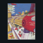 Vintage Science fiction, Futuristiska New York Cit Vykort<br><div class="desc">Vintage illustration av resor och transport science fiction-bild med ett flygplan från New York City i Förenta staterna till Sydney i Australien som flyger från en flygplats i futuristiska. En framtida reflexfi om bok i klassisk tecknad med människor i personbilar som flyger med flygplan.</div>