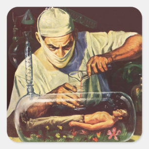 Vintage Science Fiction, galen vetenskapsman i lab Fyrkantigt Klistermärke